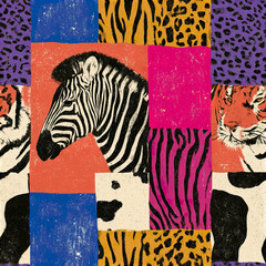 Obraz premium Colorful animal patchwork pattern with zebra, tiger, leopard, and abstract textures in vibrant retro style