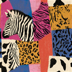 Obraz premium Zebra tiger leopard animal print patchwork pattern with colorful abstract shapes creating vibrant wild design