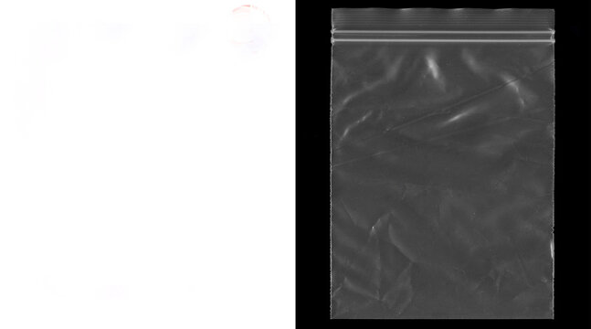Transparent plastic zipper bag texture, wrinkled polyethylene pouch on black background, clear poly bag mockup for product packaging