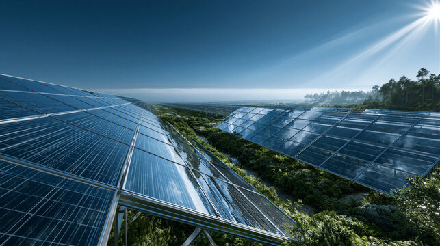 Aerial view of deep blue solar arrays reflecting clear skies, bordered by grass. Cinematic lighting, sharp details, generous copy space. Ideal for renewable energy banners and green tech campaigns.