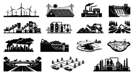 Fototapeta premium Environmental Energy Industry Sustainability Black White Glyph Vector Icons Set