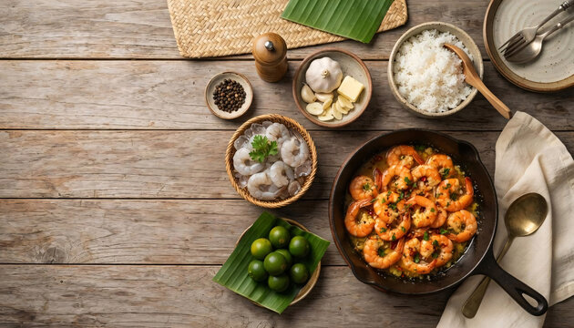 Overhead food preparation scene with cooked garlic butter shrimp, raw prawns, rice, citrus, garlic, butter and pepper arranged on a rustic wooden table.