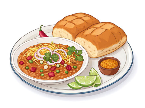 Misal Pav premium vector style, isolated on white background, spicy sprouts curry with bread