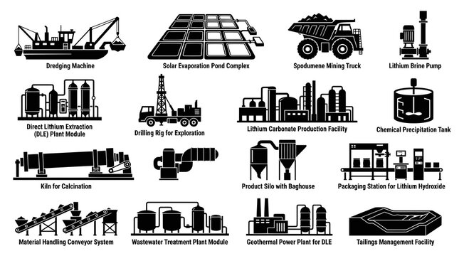 Lithium Production Industry Glyph Icons Set. Mining, Extraction, Processing, and Manufacturing Facilities  Equipment Vector.