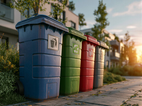 Vibrant color-coded recycling bins aligned in a modern residential area. Golden hour lighting, cinematic volumetric rays, and creamy bokeh create a commercial photo with open negative space for...