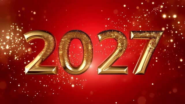 Golden 2027 New Year numbers with sparkling glitter and festive lights on elegant red background, luxury celebration animation for holiday greeting and countdown