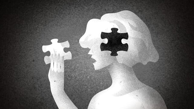 woman with a missing puzzle piece in her head speaking while tangled thoughts form the missing piece  