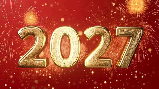 Golden 2027 New Year numbers with sparkling glitter and festive lights on elegant red background, luxury celebration animation for holiday greeting and countdown