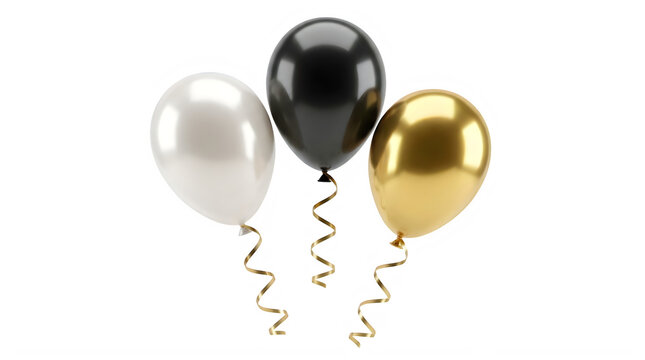 Three metallic and matte colored balloons tied with gold ribbons floating transparent background