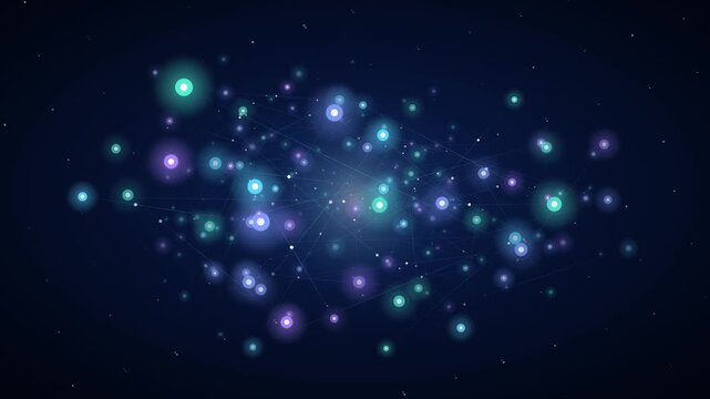 Abstract Digital Network Flowing With Glowing Nodes And Connecting Lines On A Dark Blue Background
