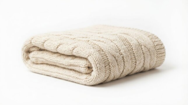 Cozy beige cable knit blanket, folded soft wool throw on white background, warm winter textile for home decor and comfort