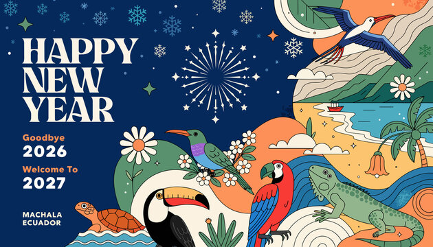 Happy New Year 2027 Machala Ecuador Tropical Wildlife and Beach Celebration