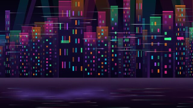 Dynamic Flying Through A Stylized Neon Cityscape With Bright Lights At Night In A Seamless Loop Animation