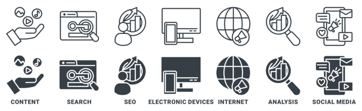 Digital Markating icon set. vector illustration concept with icon of content, search, seo, electronic devices, internet, analysis,social media. vector illustration 