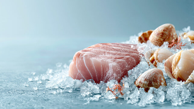 Fresh tuna steak and scallops on ice with seashells against light blue background.