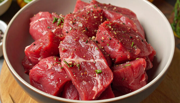 Fresh raw beef pieces marinated in ceramic bowl with aromatic spices, herbs and seasoning, rich red meat texture, natural moisture and vibrant ingredients, rustic kitchen setting, cooking concept.
