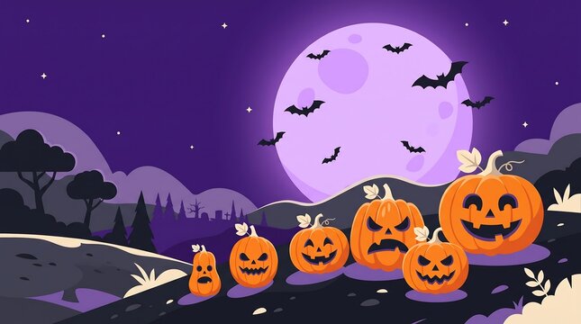 A festive halloween scene featuring carved jack o lanterns sitting in a field under a bright full moon