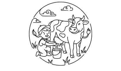 Fototapeta premium Happy Little Child Milking Cow Farm One Line Art Vector Illustration