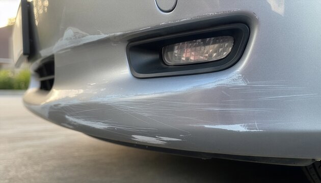 Close-up of scratched silver car bumper, several paint scuffs and shallow abrasions from minor impact.