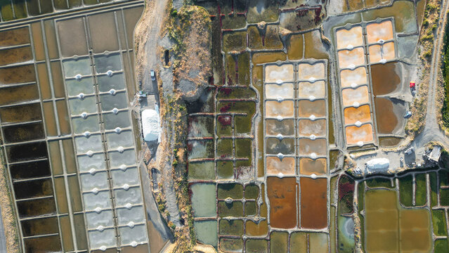 Aerial view of the Marais salants de Guerande with geometric salt pans in varying shades of brown, green, and grey, featuring white salt piles and dirt paths in Guerande, Pays de la Loire, France.