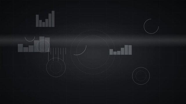Futuristic digital data interface with bar charts and circular HUD elements, dark corporate infographic background for business analytics
