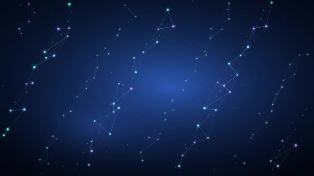 Abstract Digital Network Of Connecting Particles Moving On A Dark Blue Background, Representing Technology And Communication