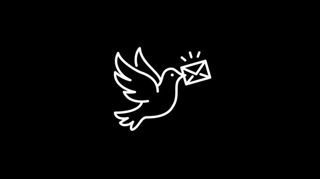 Animated dove carrying a letter icon on a transparent background. Vibrating and swaying in a continuous loop. Alpha Channel 4K