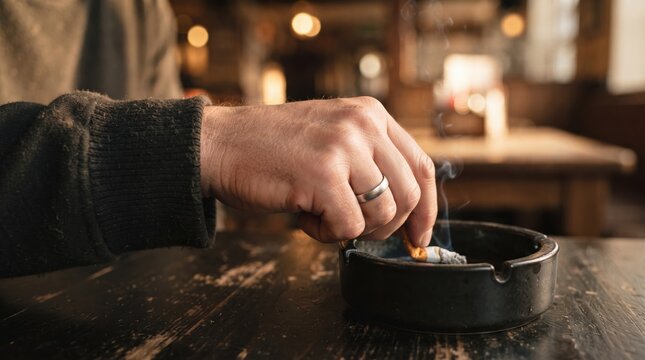 Inside a warm tavern, a hand delicately picks up a cigarette from a stained ashtray. Soft light glows around, creating an inviting atmosphere. Smoke swirls gently in the air, adding to the serenity.