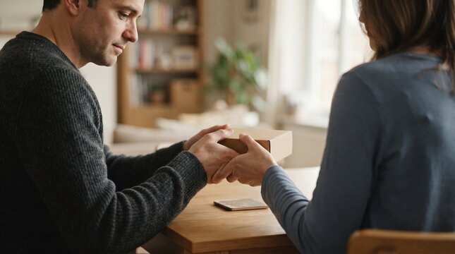 In a cozy living room filled with warmth, two people engage in a heartfelt gift exchange. The joy of giving and receiving reflects their deep connection as they share smiles and laughter.
