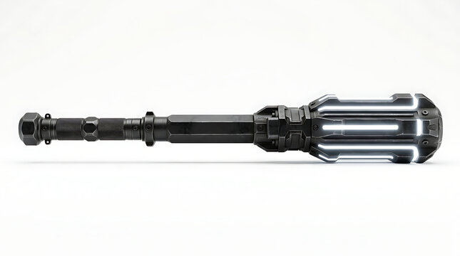 Futuristic Sci-Fi Electronic Stun Baton with Glowing White LED Lights Isolated on White