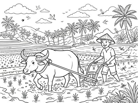 Vector illustration of a farmer plowing a rice paddy field with a water buffalo in a rural landscape agriculture landscape countryside cultivation traditional tropical mountains dragonflies