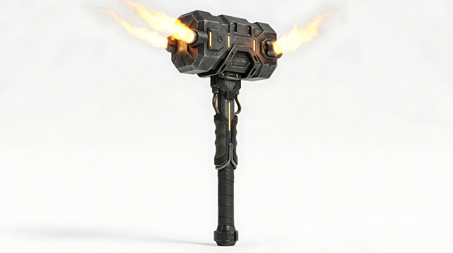 Futuristic Sci-Fi Rocket Hammer Weapon with Glowing Thrusters and Fire Isolated on White