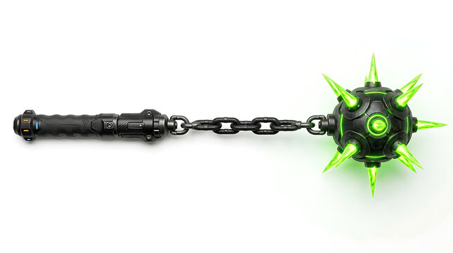 Futuristic Sci-Fi Spiked Flail Weapon with Glowing Green Neon Spikes on White Background