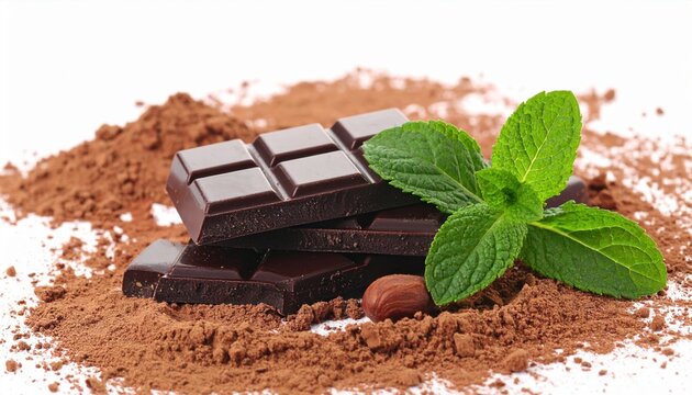 Gourmet chocolate composition with mint and cocoa powder isolated on white