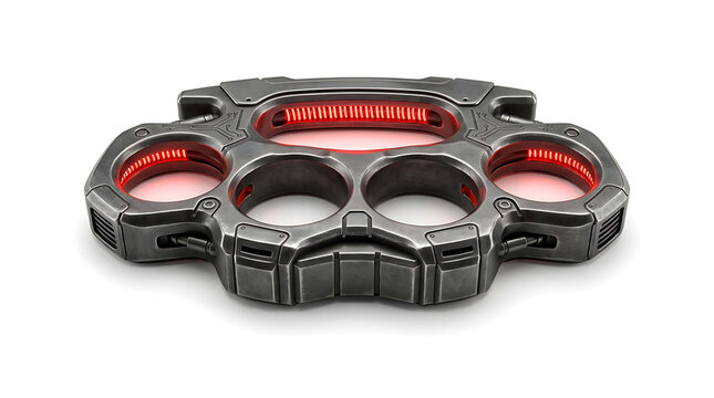 Futuristic metallic knuckle duster with glowing red energy lights isolated on white background