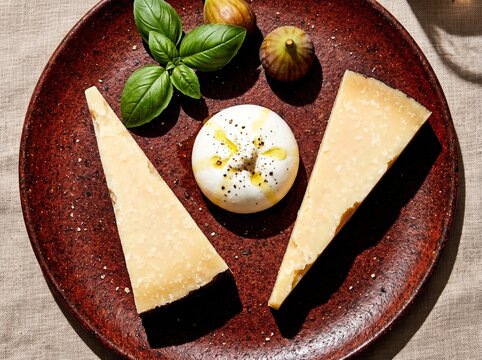 Italian cheese platter featuring aged parmesan wedges and fresh burrata with olive oil basil and figs on rustic terracotta plate for gourmet appetizer experience.