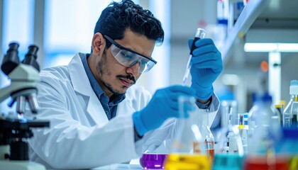 Fototapeta premium Scientist testing liquid sample in laboratory, research concept