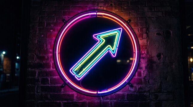 A neon arrow enclosed in a glowing circle points right against a brick wall, symbolizing direction, vibrancy, and the artistry of illuminated urban design.
