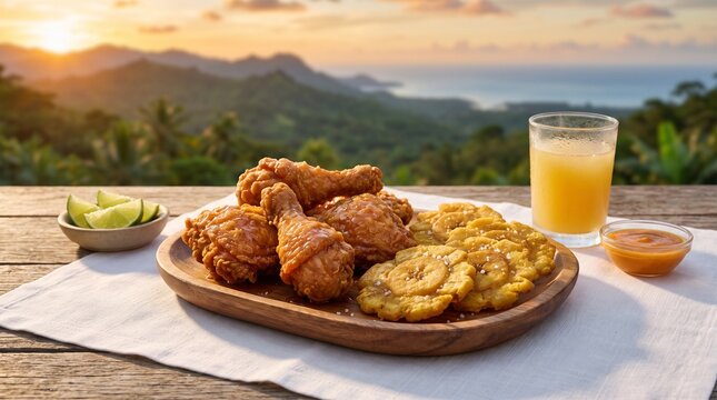 Crispy fried chicken and tostones with a tropical sunset view