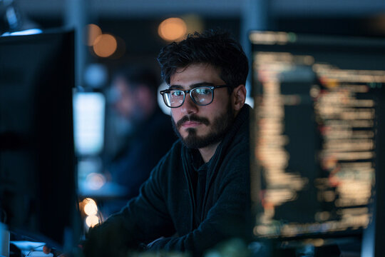 Software developer reviewing AI generated code on computer monitors in modern software engineering workspace