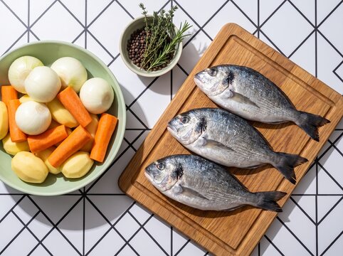 Three raw whole sea bream fish placed on wooden cutting board next to bowl of peeled potatoes onions and carrots for healthy Mediterranean seafood cooking prep.