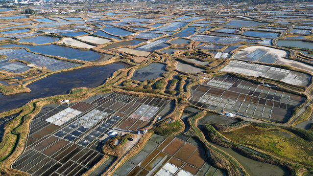 Aerial view of the Marais salants de Guerande, featuring intricate patterns of salt evaporation ponds with varying water levels and earthy tones, Guerande, Pays de la Loire, France.