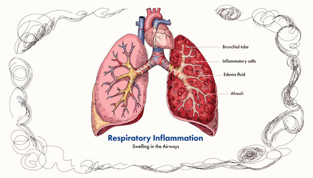 Human Respiratory System Inflammation: Lungs, Heart, Bronchioles, Alveoli, Inflammation Cells, Eosinophils