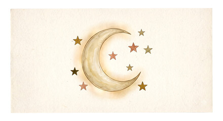 Vintage crescent moon and stars illustration on old paper background © Chanapat