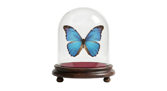Blue Morpho butterfly specimen preserved inside a glass cloche dome