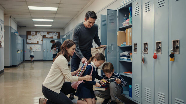 Parents help children organize belongings at school lockers