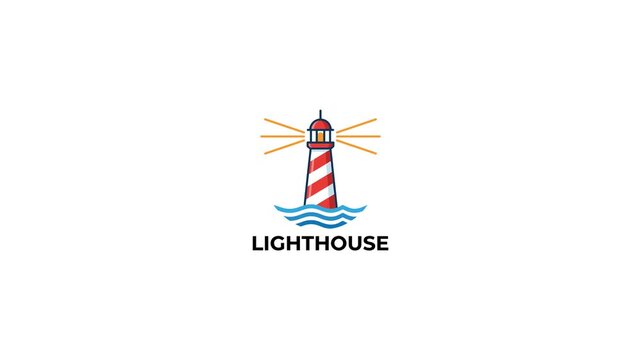 Animated lighthouse logo with waves and light beams, seamless loop, modern graphic design