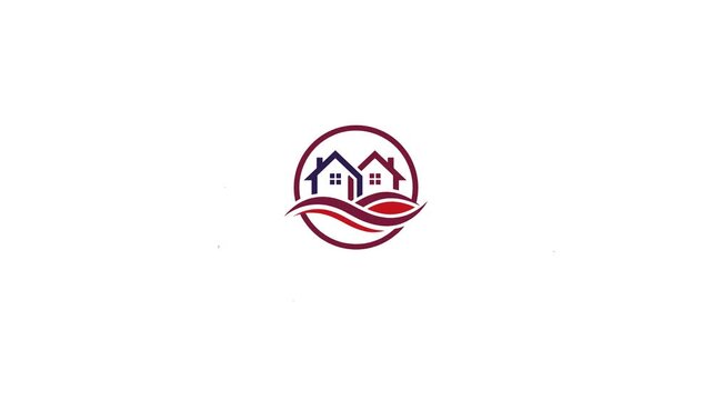 Animated logo with houses and waves, circular motion, clean white background