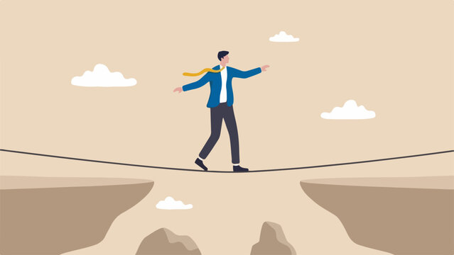 Business risk, taking chances, bold strategy concept, businessman walking on a tightrope over a gap, clean minimal flat vector illustration