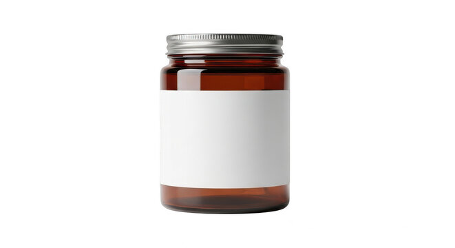 Amber glass jar with blank label for cosmetic or medicine isolated on transparent background